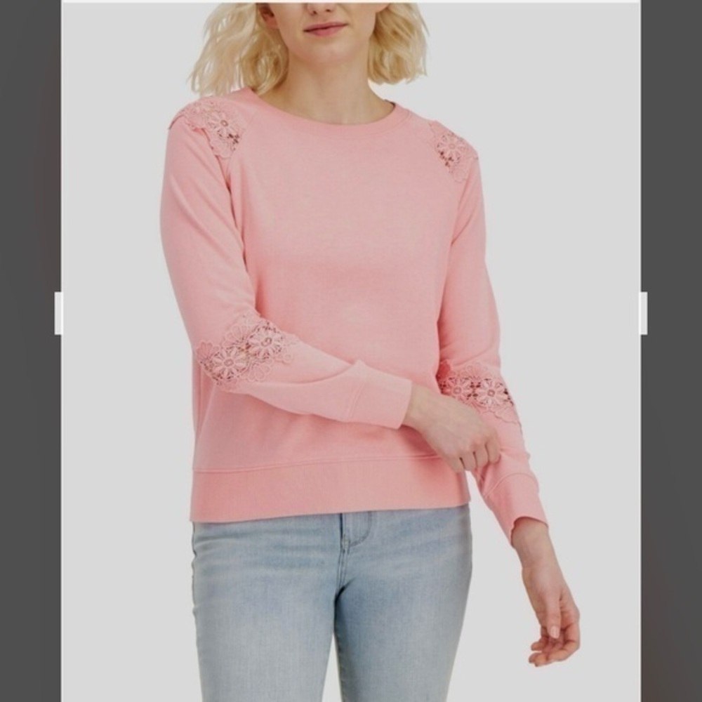 Tommy Hilfiger Lace-Trimmed Long Sleeve Crewneck Sweatshirt in Pink Size XS - Picture 1 of 7